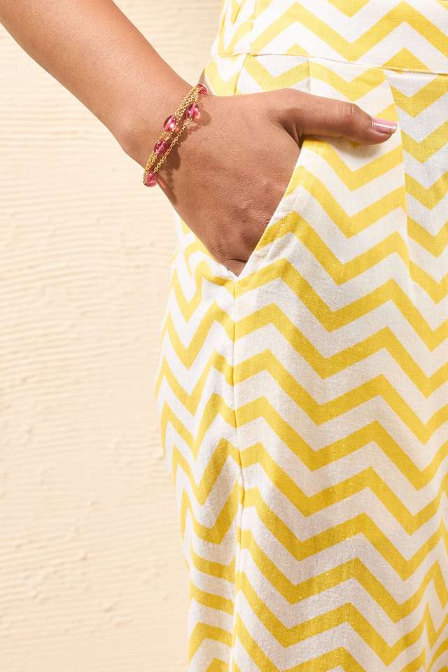 Light Yellow Screen Printed Pure Cotton Trouser thumbnail image number null