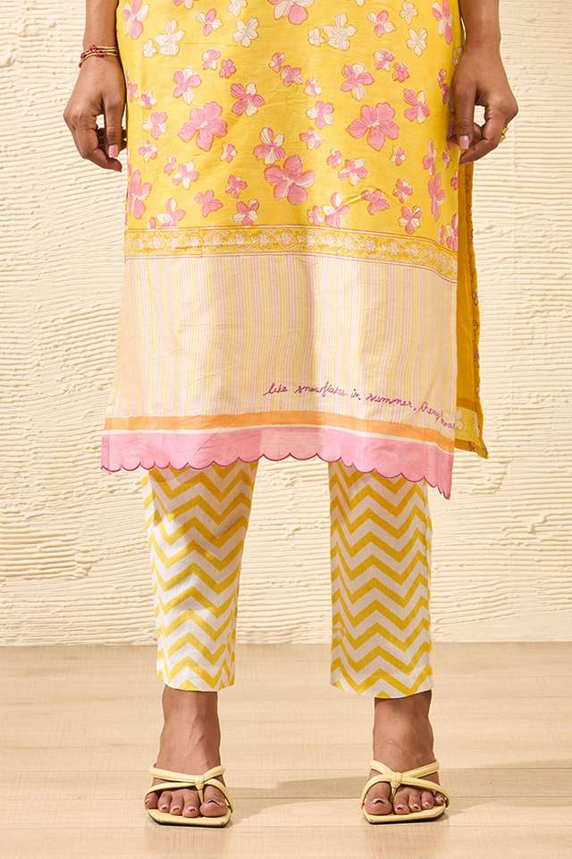Light Yellow Screen Printed Pure Cotton Trouser thumbnail image number null