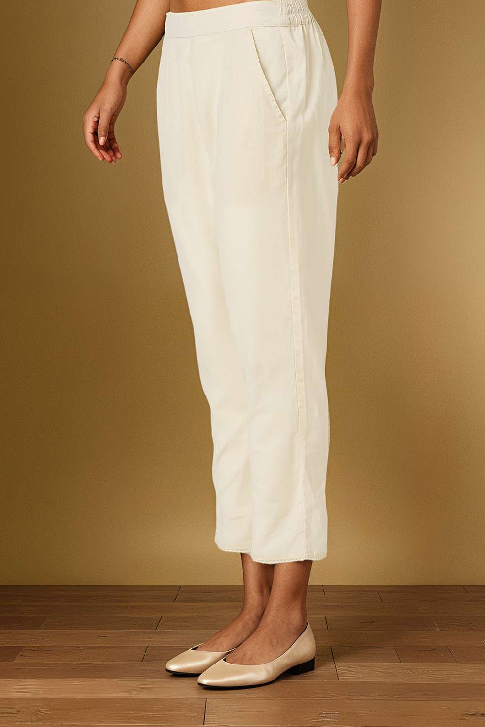 Off White Woven Pure Cotton Trouser image number null