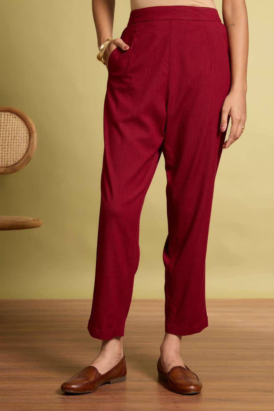 Dark Red Woven Viscose Trouser