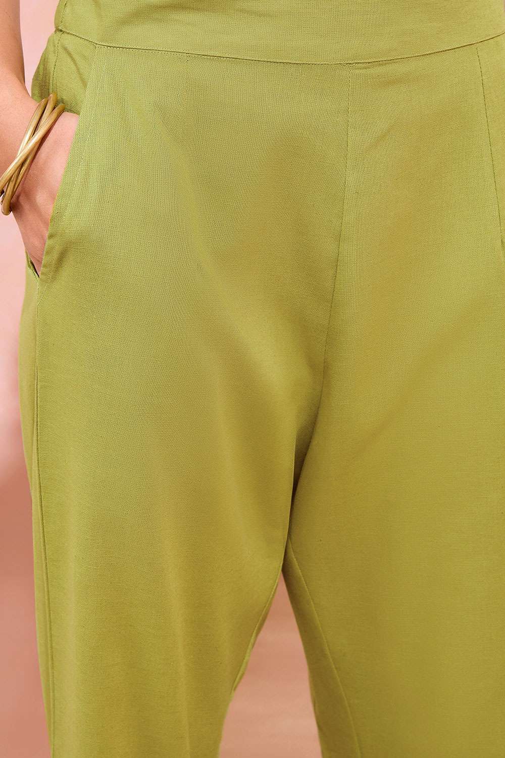 Green Woven Pure Cotton Linen Trouser image number null