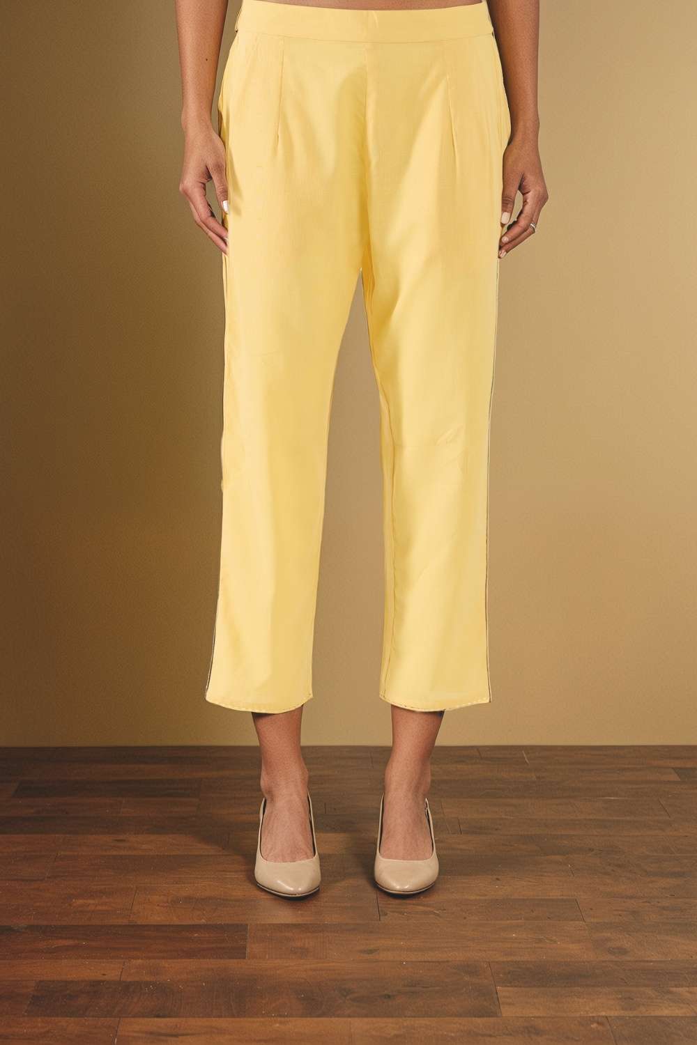 Light Yellow Woven Pure Cotton Linen Trouser image number null