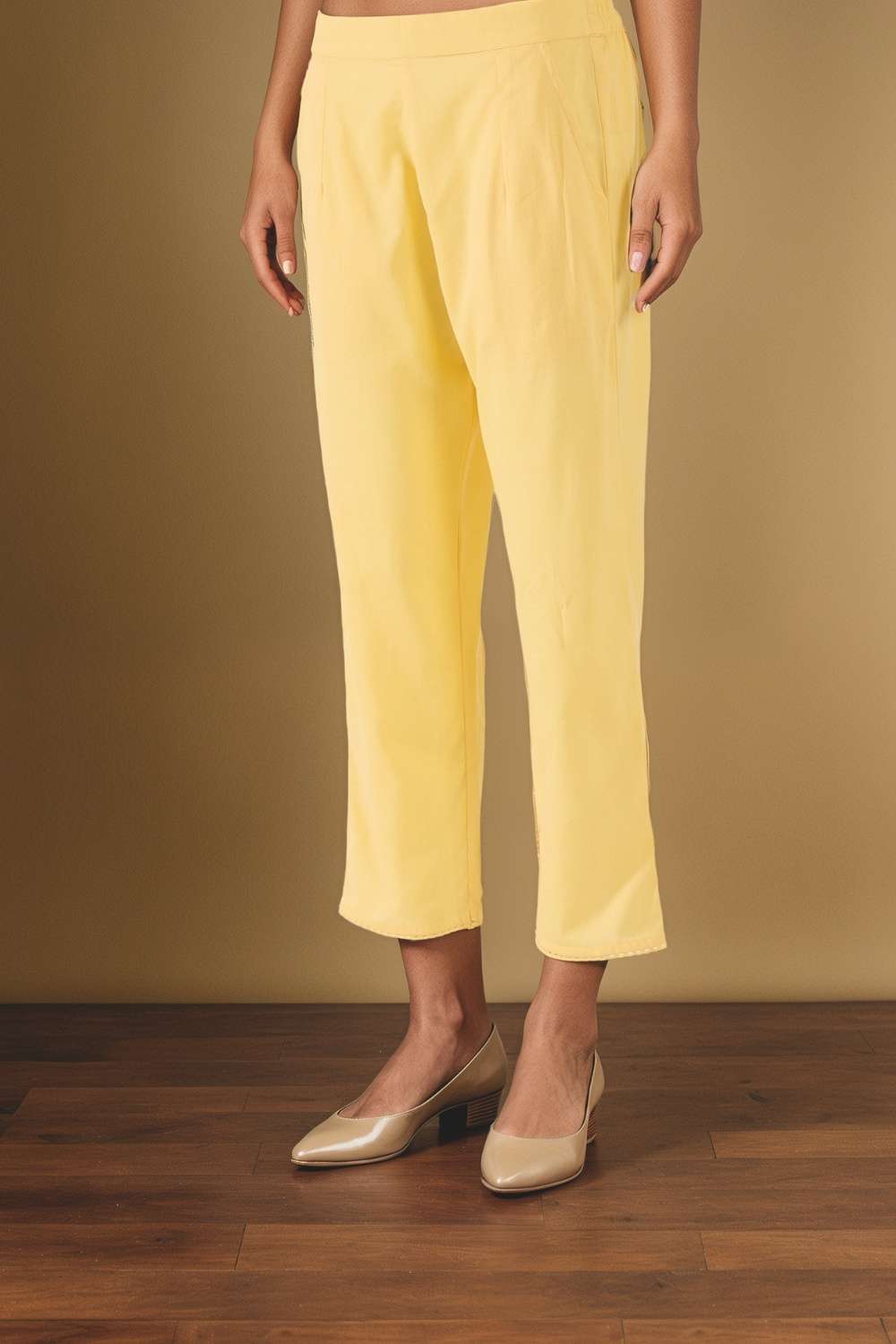 Light Yellow Woven Pure Cotton Linen Trouser image number null