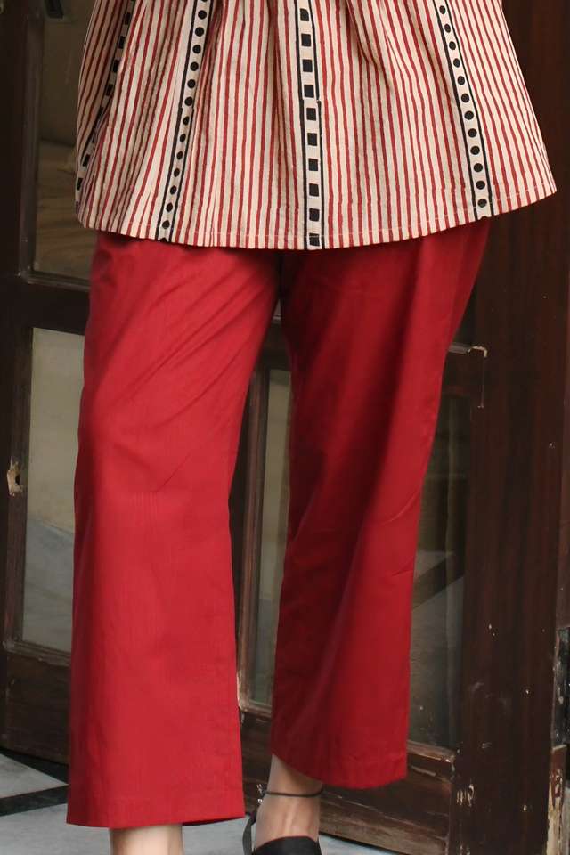 Red Woven Pure Cotton Trouser image number