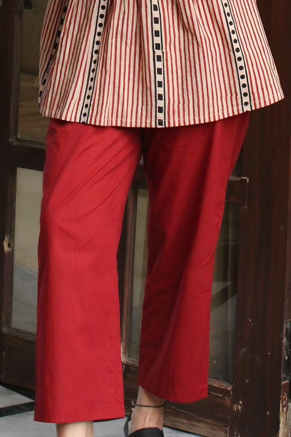 Red Woven Pure Cotton Trouser