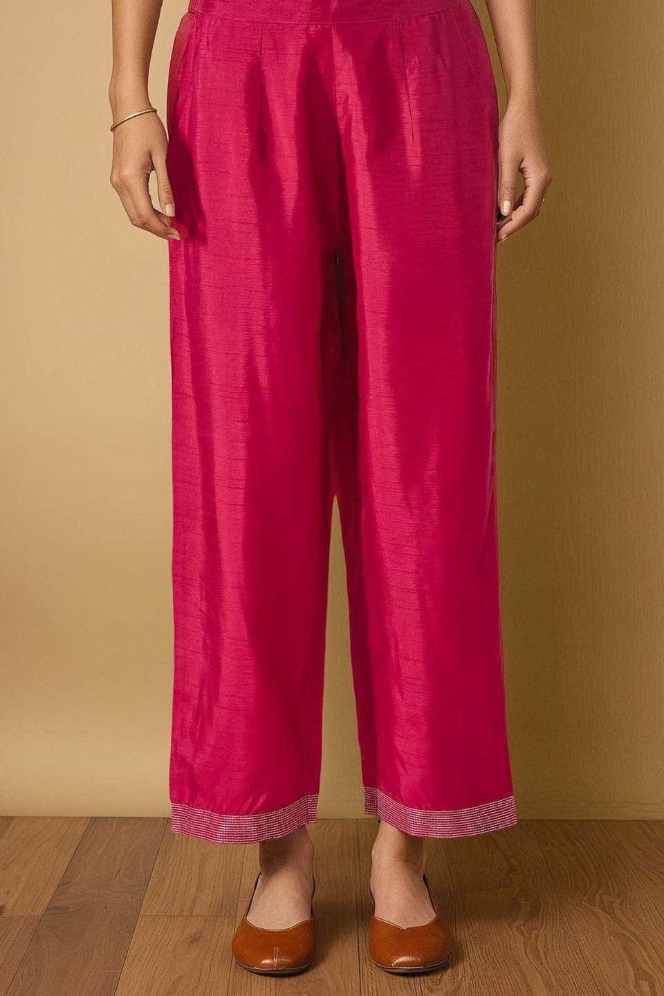 Dark Pink Viscose Embroidered Trouser