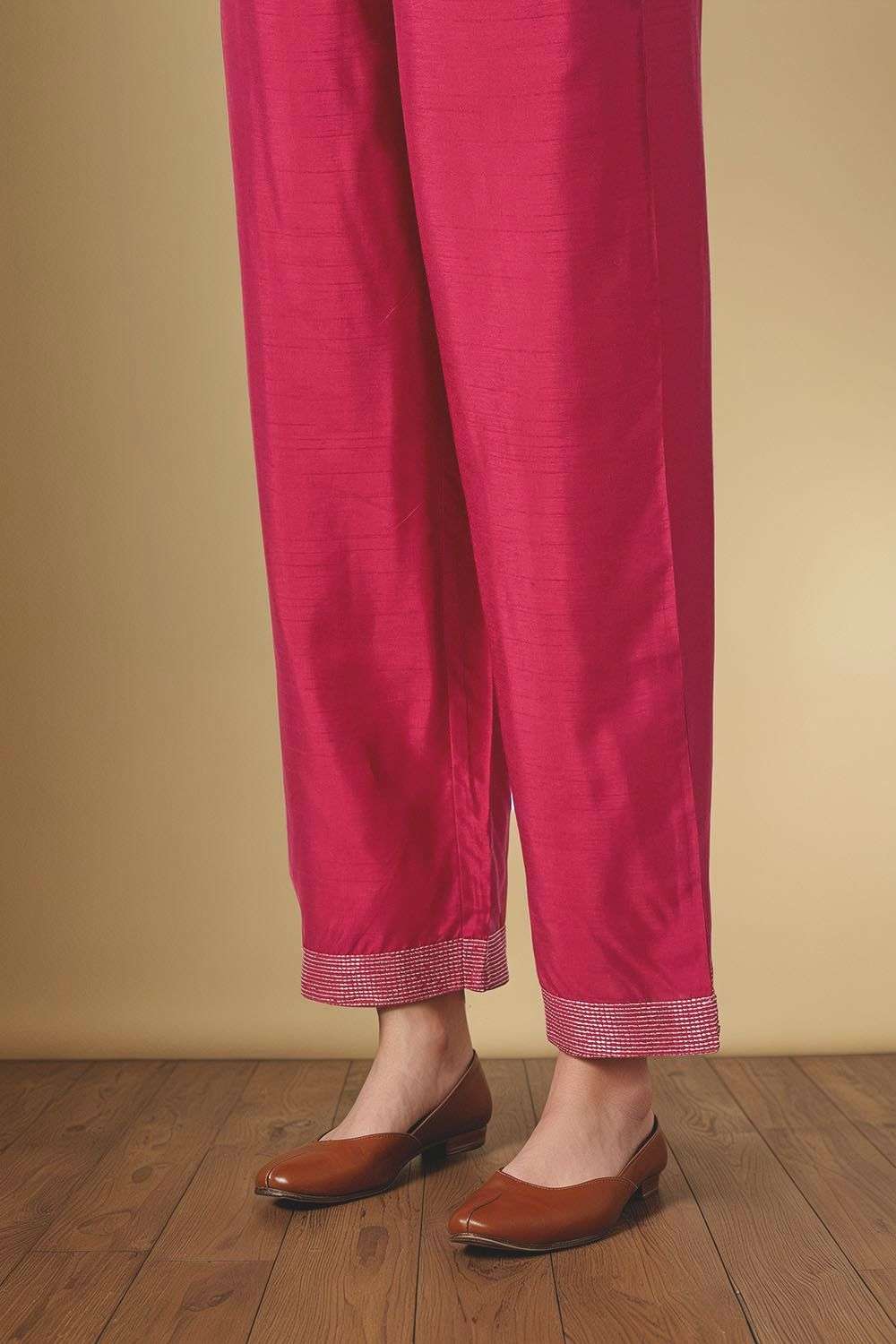 Dark Pink Viscose Embroidered Trouser image number null