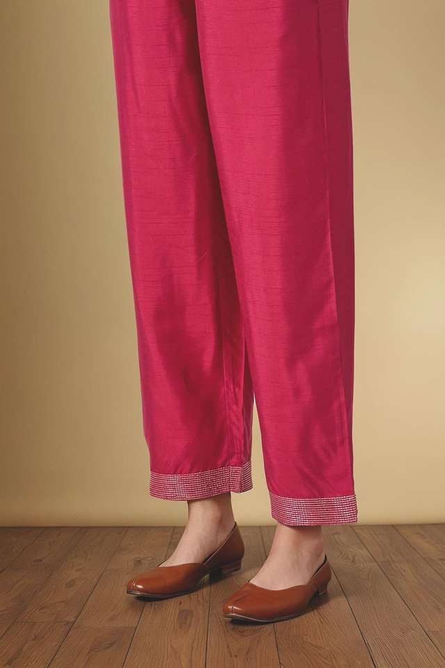 Dark Pink Viscose Embroidered Trouser thumbnail image number null