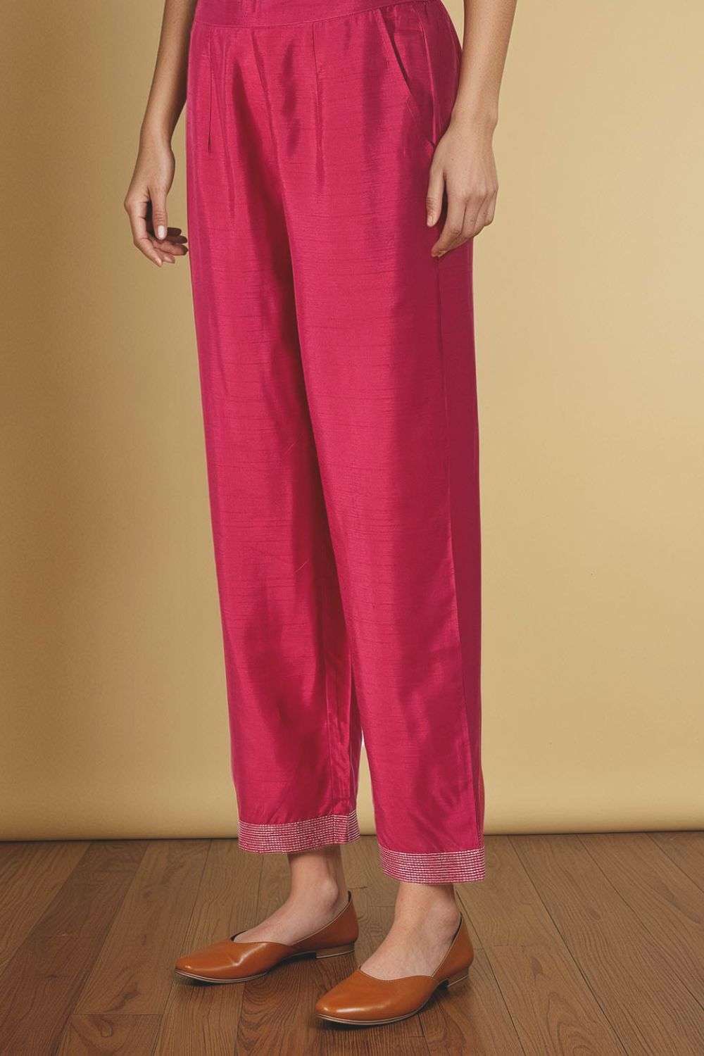 Dark Pink Viscose Embroidered Trouser image number null