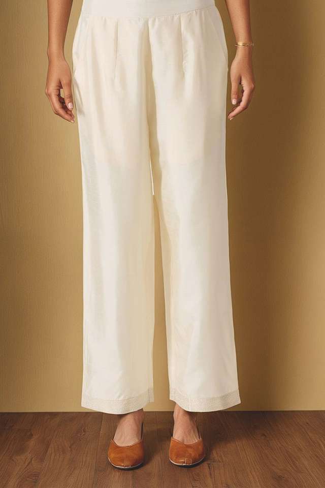 Off White Viscose Embroidered Trouser image number