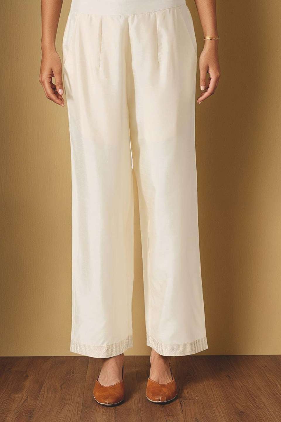 Off White Viscose Embroidered Trouser