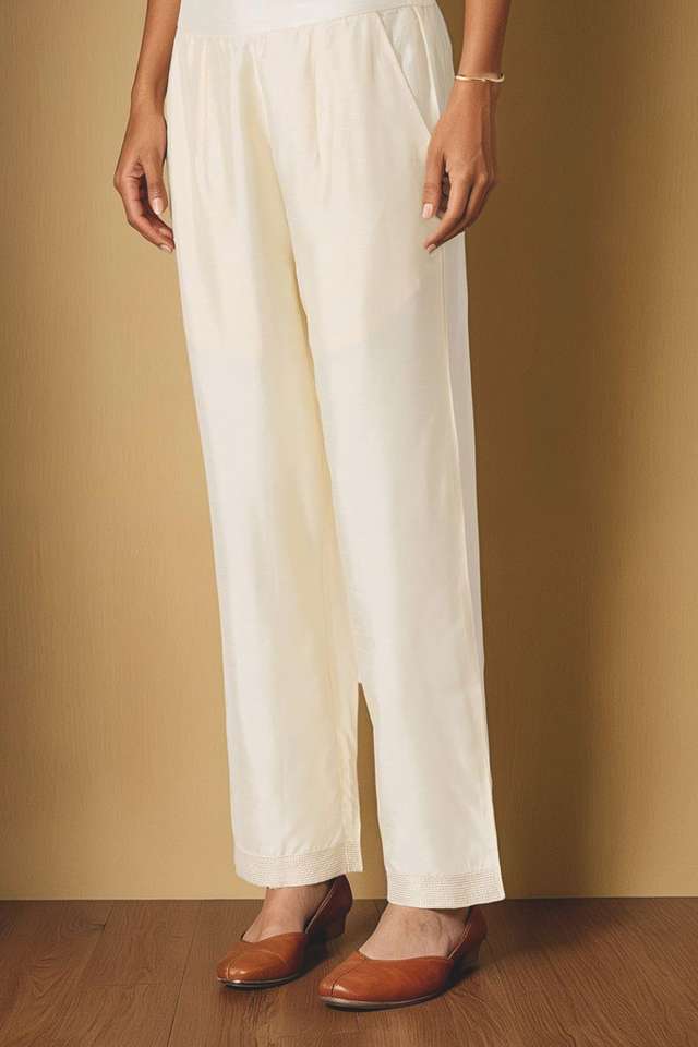 Off White Viscose Embroidered Trouser thumbnail image number null