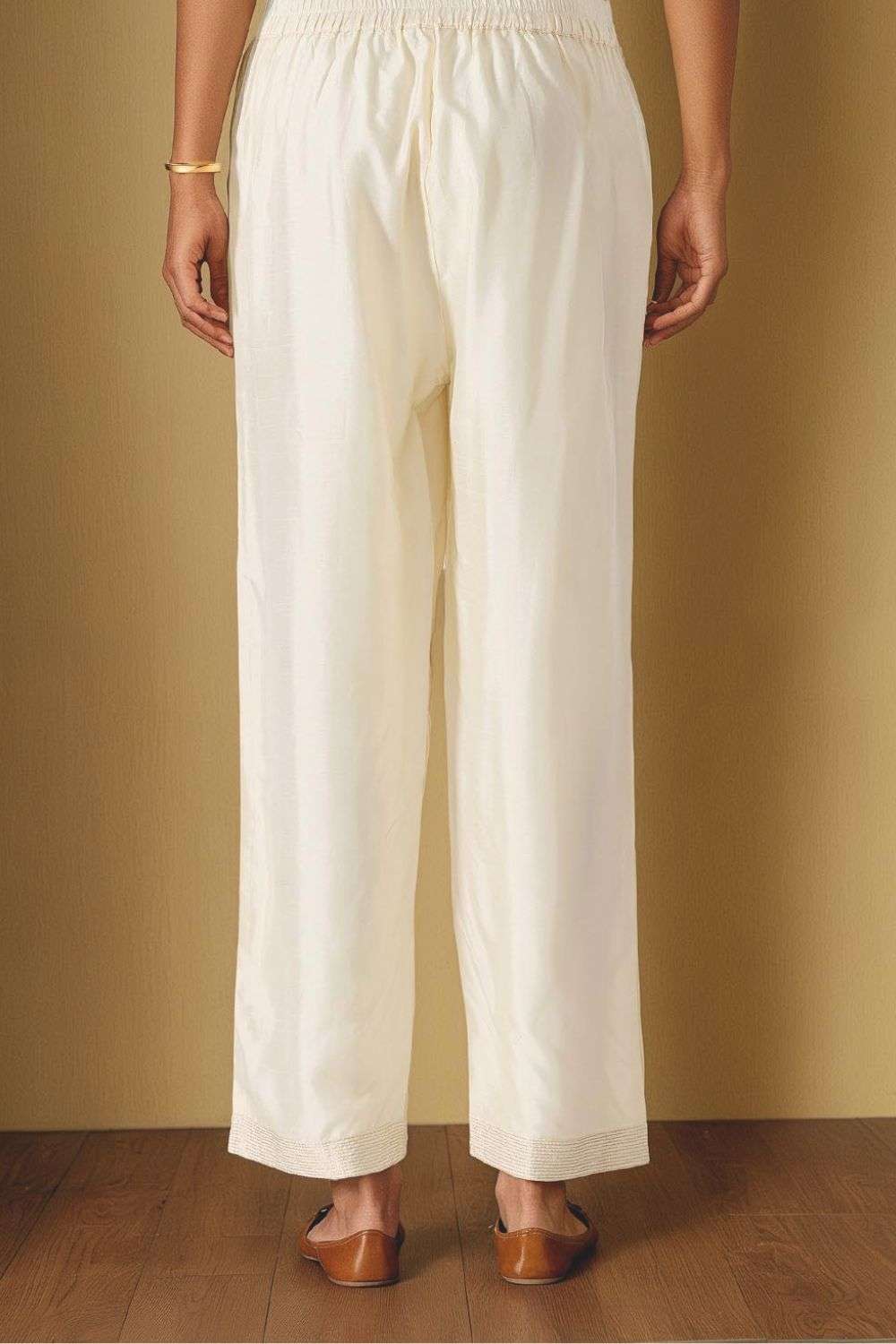 Off White Viscose Embroidered Trouser image number null