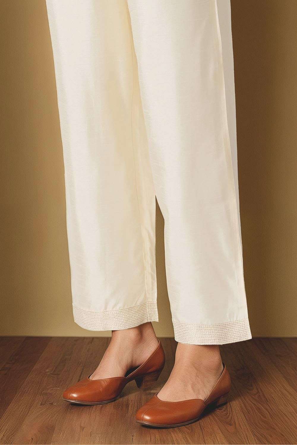 Off White Viscose Embroidered Trouser image number null