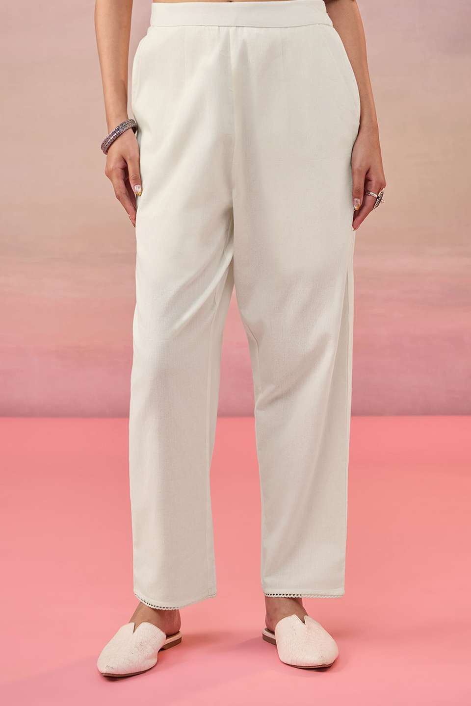 Off White Cotton Woven Trousers
