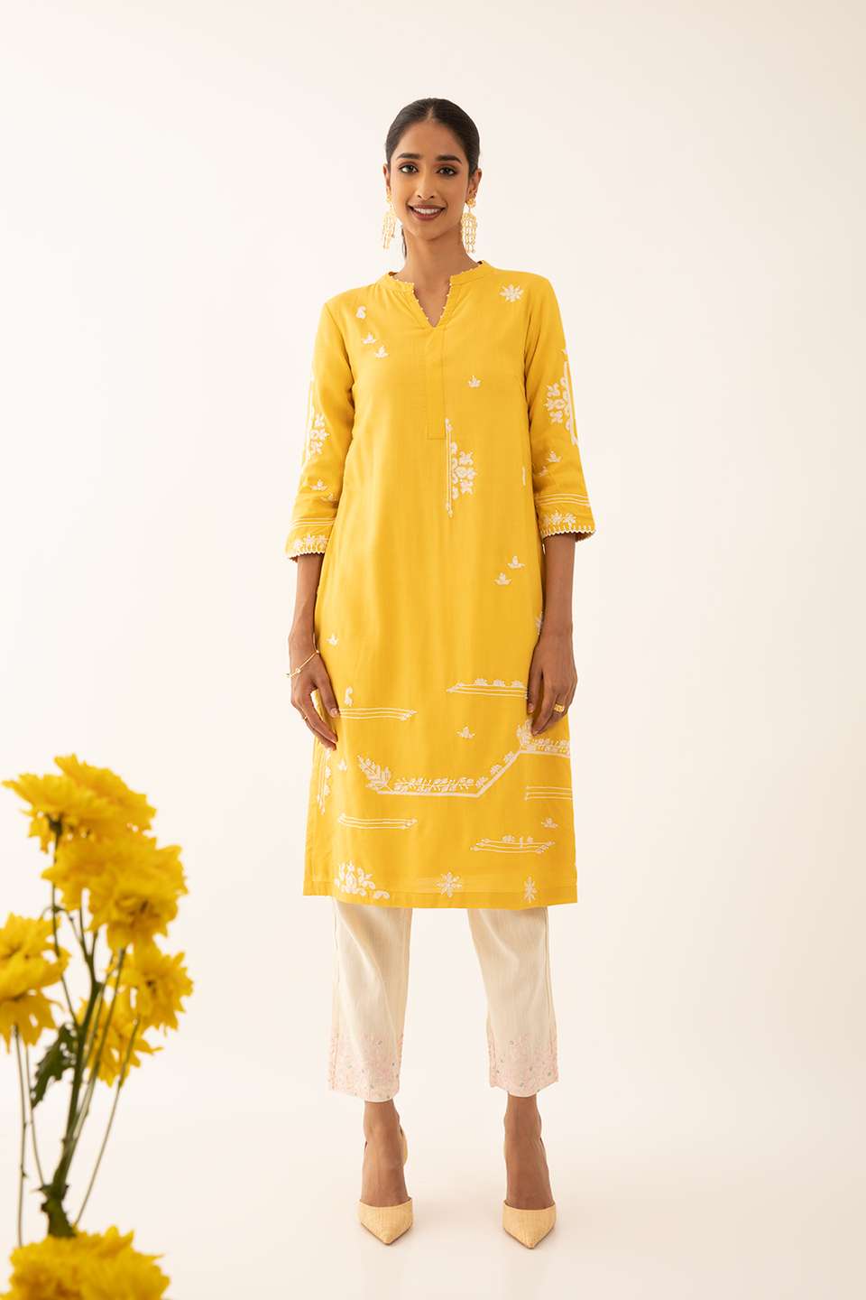 Off White Viscose Embroidered Trouser