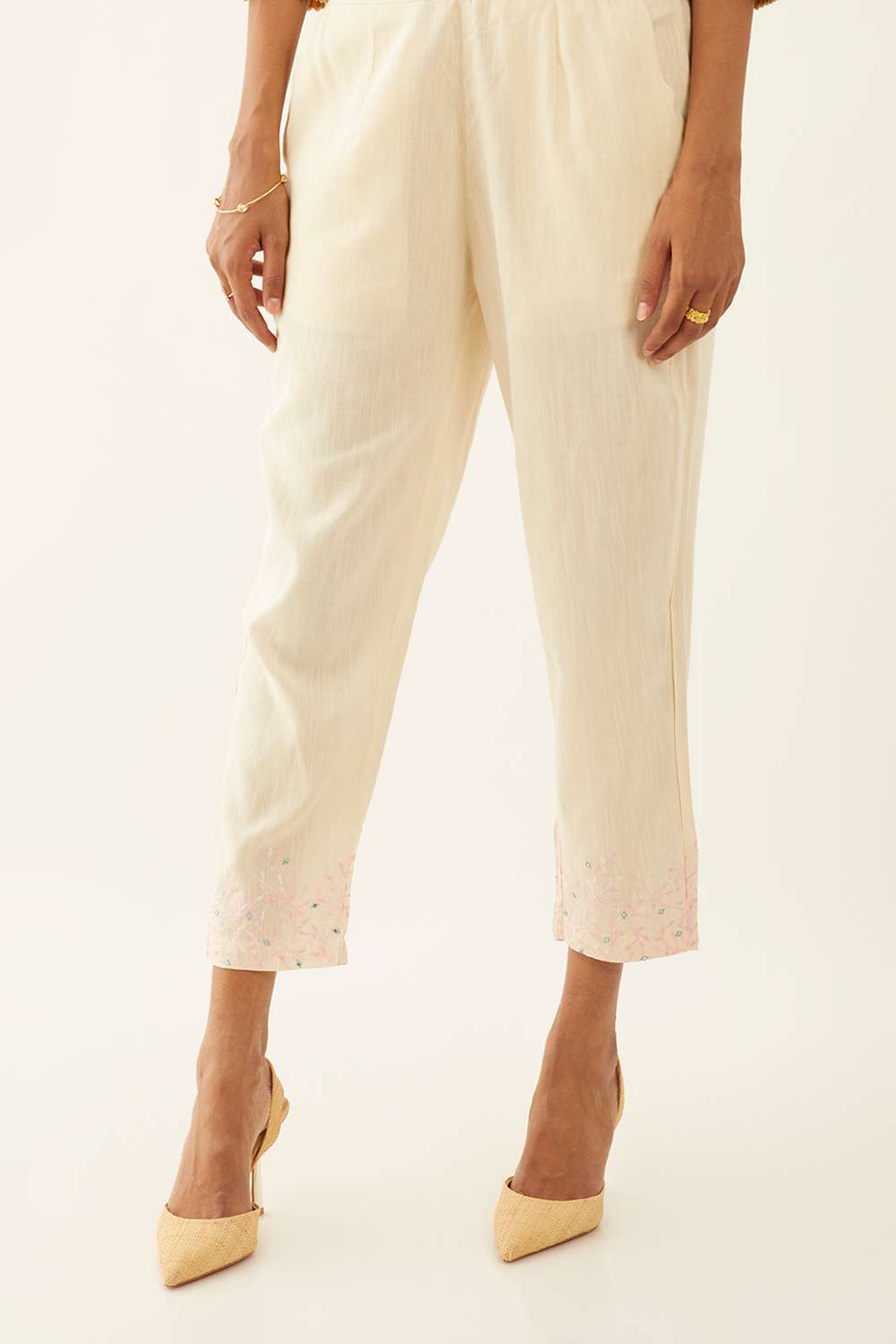 Off White Viscose Embroidered Trouser image number null