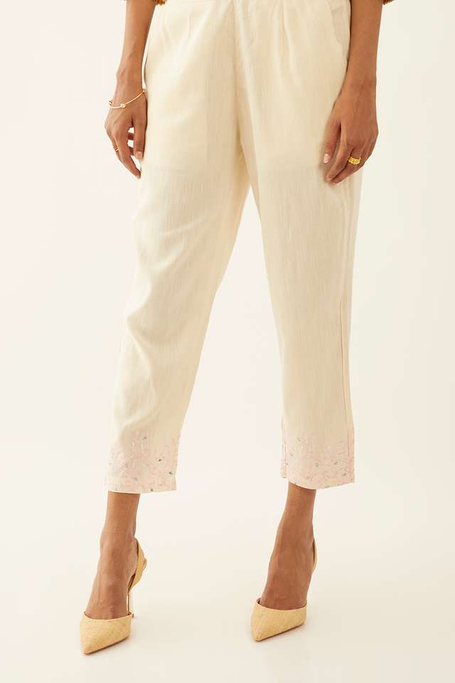Off White Viscose Embroidered Trouser thumbnail image number null