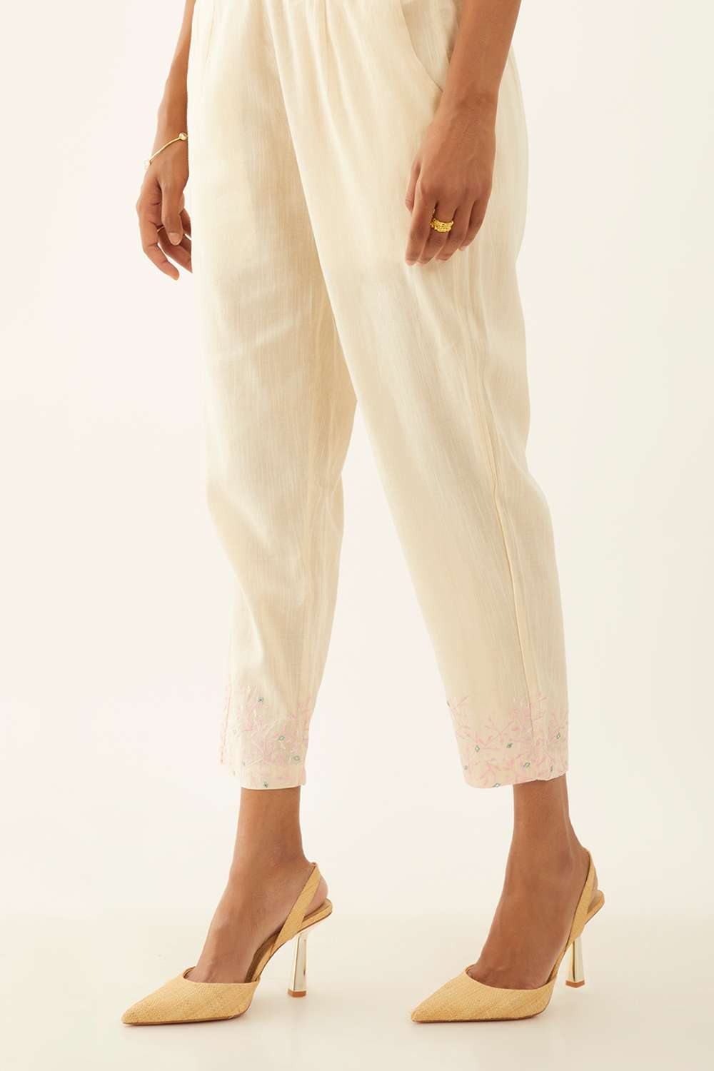 Off White Viscose Embroidered Trouser image number null