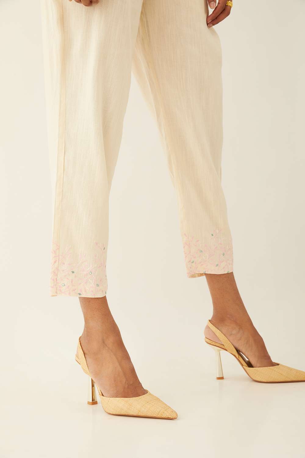 Off White Viscose Embroidered Trouser image number null