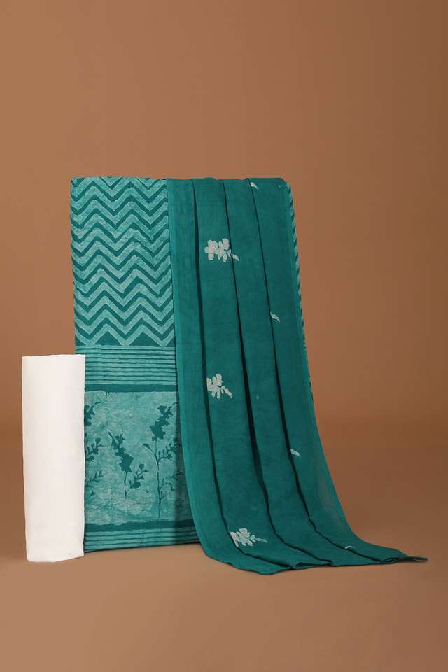 Green Pure Cotton Linen Dabu Block Printed Unstitched Suit Set image number