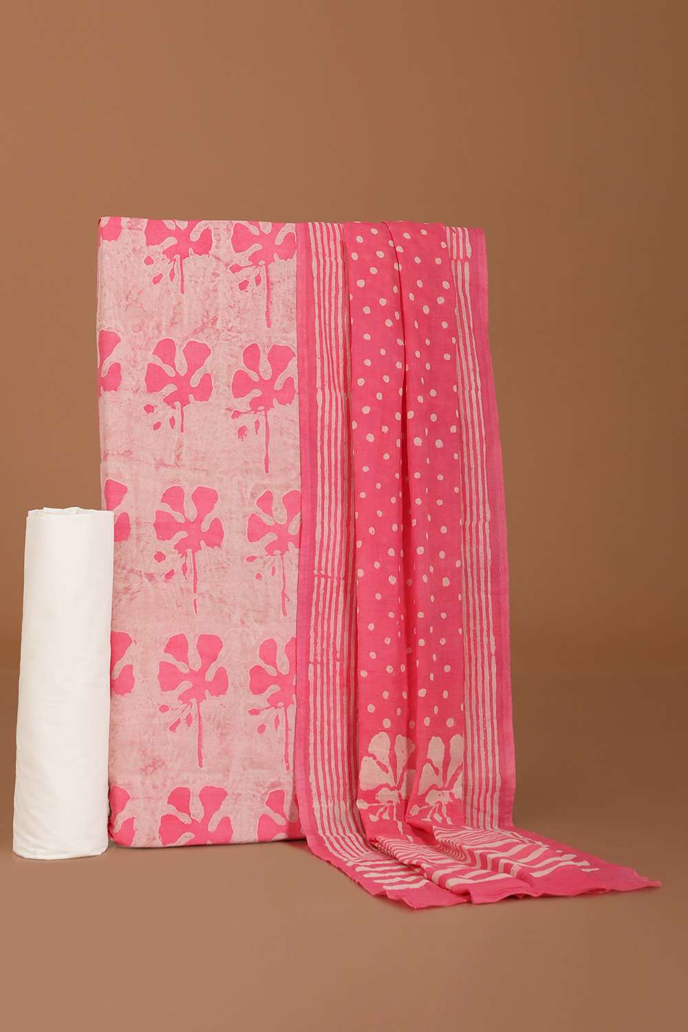 Pink Pure Cotton Linen Dabu Block Printed Unstitched Suit Set image number null