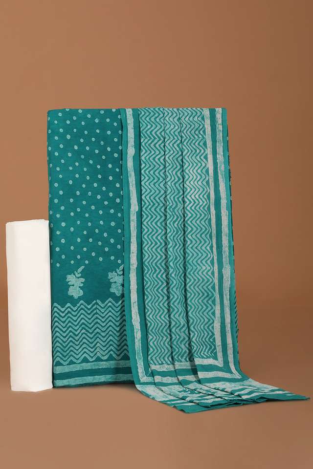 Green Pure Cotton Linen Dabu Block Printed Unstitched Suit Set image number
