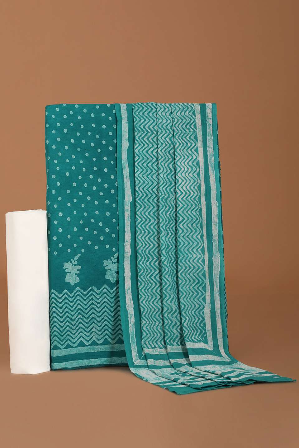 Green Pure Cotton Linen Dabu Block Printed Unstitched Suit Set