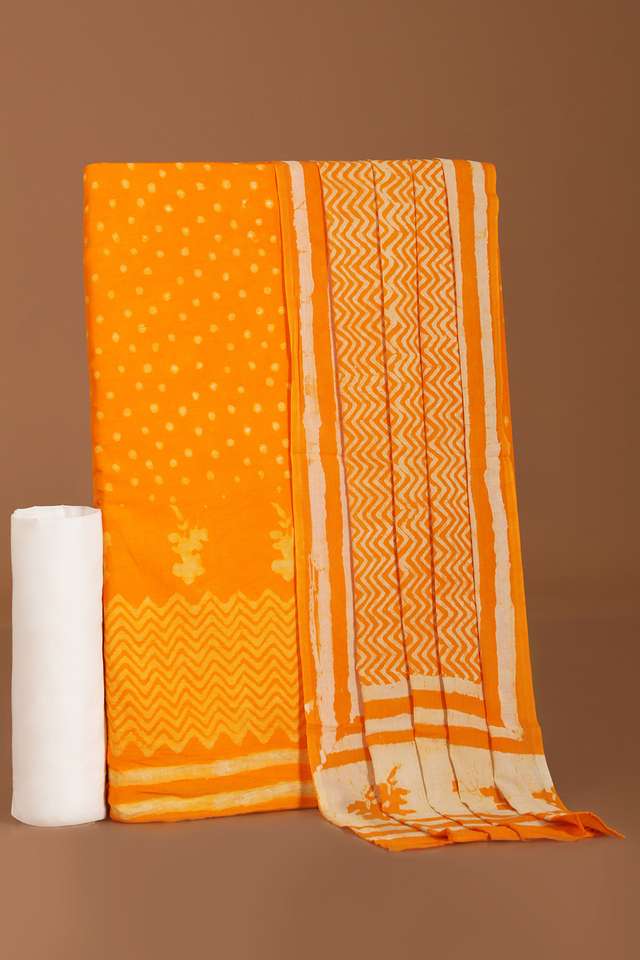 Yellow Pure Cotton Linen Dabu Block Printed Unstitched Suit Set image number