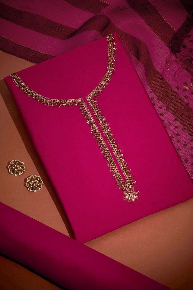 Dark Pink Pure Silk Cotton Embroidered Unstitched Suit Set image number