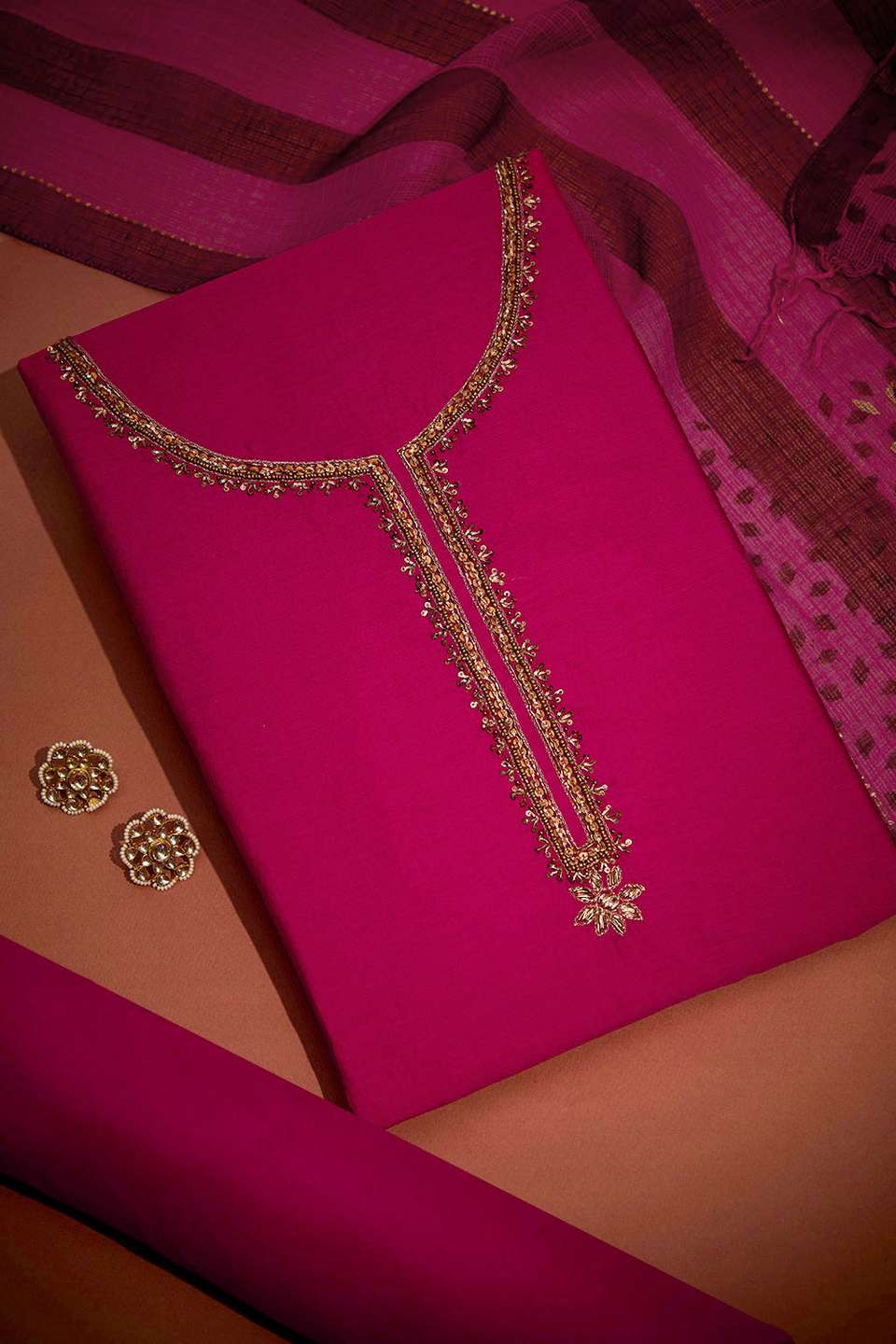 Dark Pink Pure Silk Cotton Embroidered Unstitched Suit Set