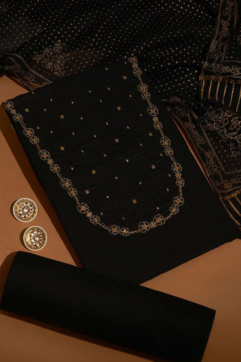 Black Embroidered Pure Cotton Unstitched Suit Set