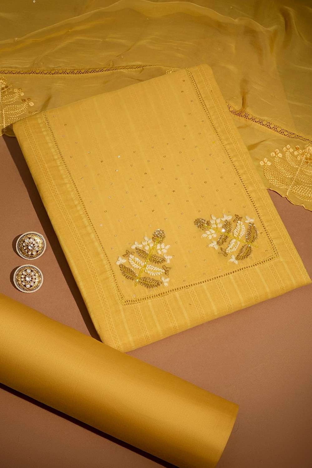 Light Yellow Pure Cotton Embroidered Unstitched Suit Set image number null