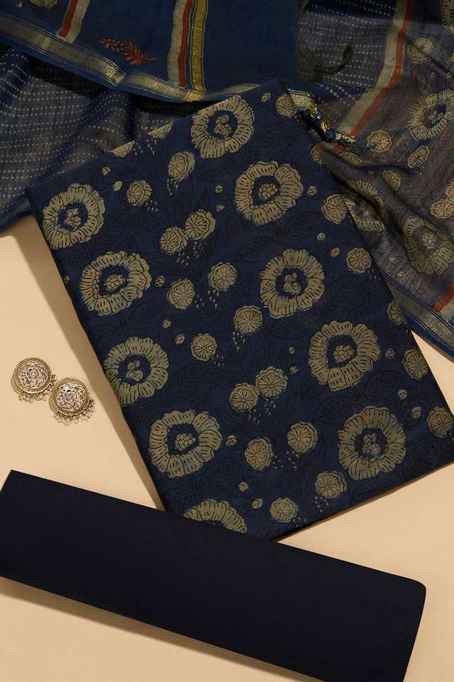 Dark Blue Block Printed Pure Silk Cotton Unstitched Suit Set image number