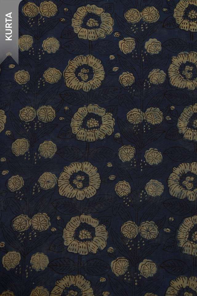 Dark Blue Block Printed Pure Silk Cotton Unstitched Suit Set thumbnail image number null