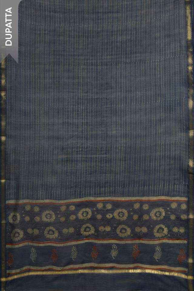Dark Blue Block Printed Pure Silk Cotton Unstitched Suit Set thumbnail image number null