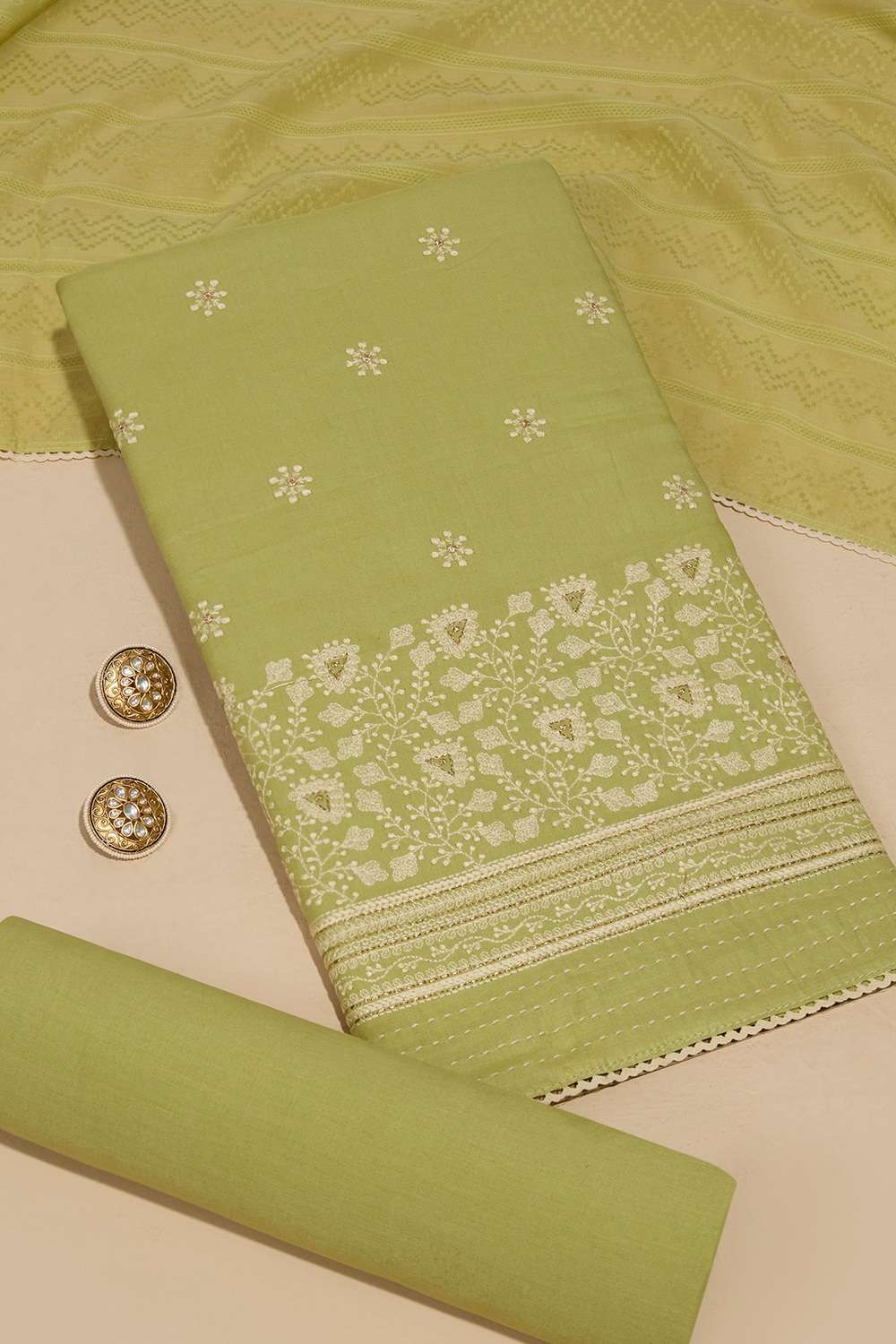 Green Pure Cotton Embroidered Unstitched Suit Set image number null