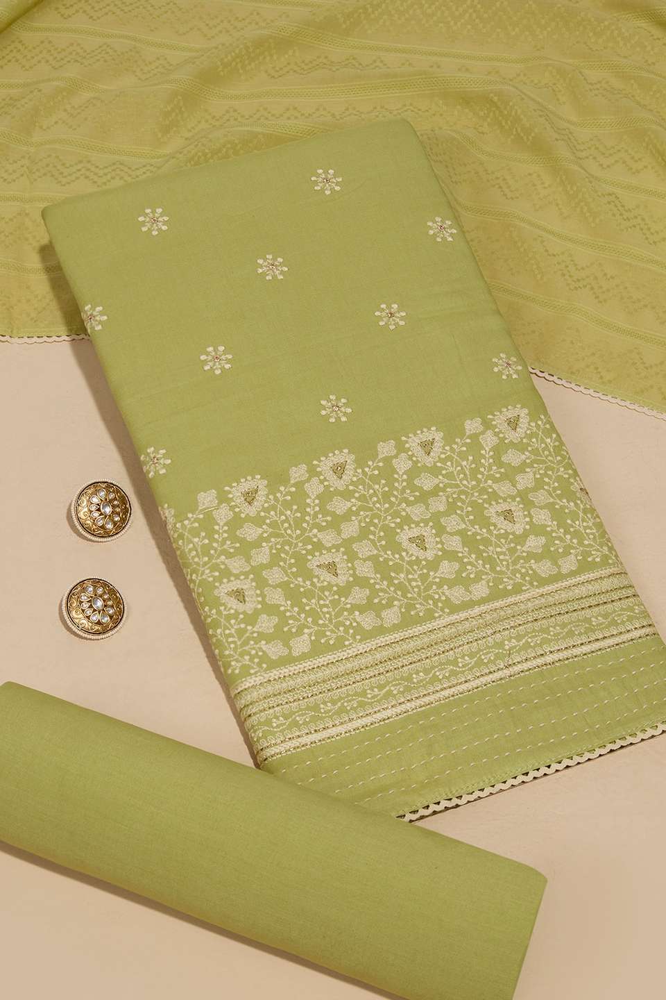 Green Pure Cotton Embroidered Unstitched Suit Set