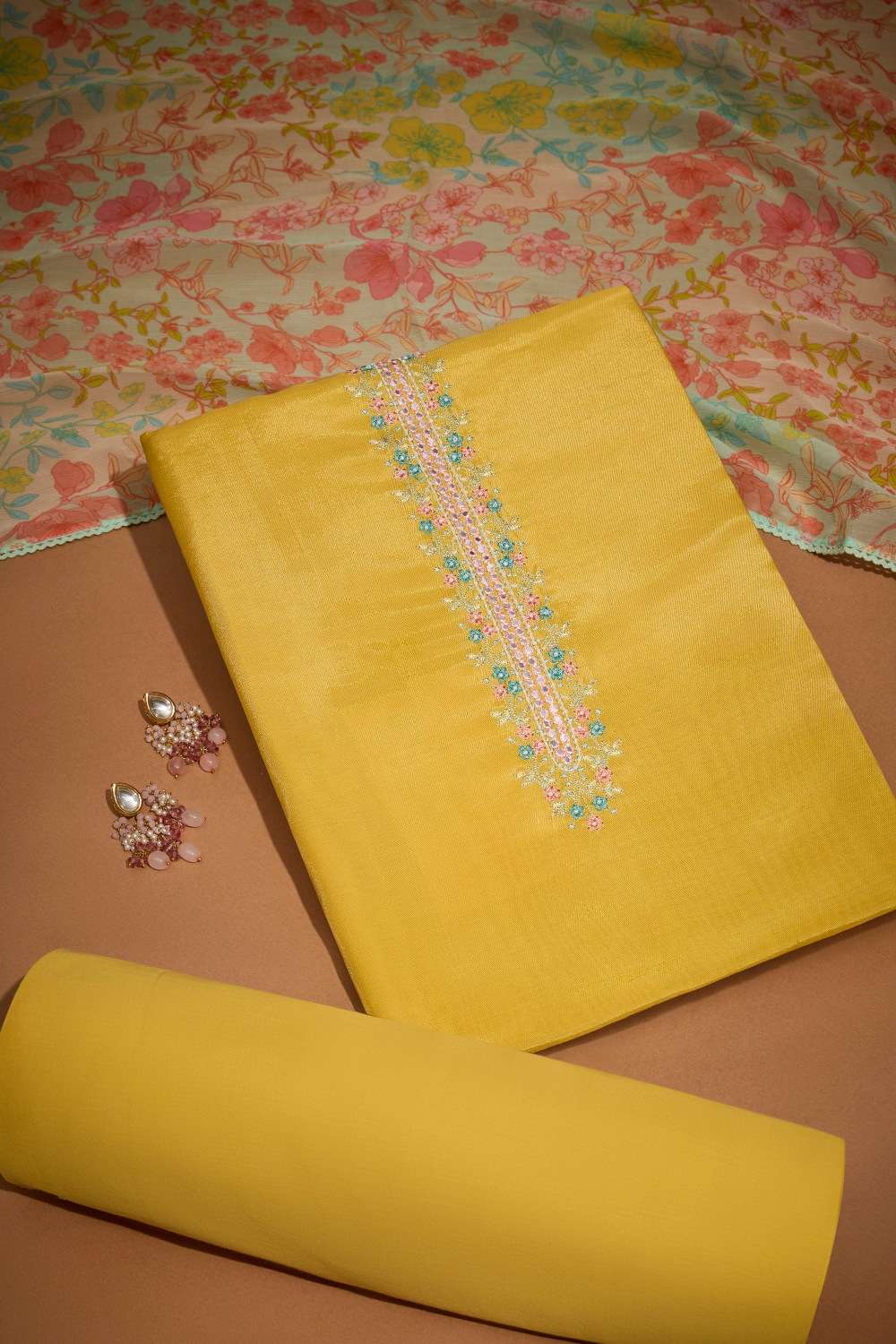 Yellow Viscose Embroidered Unstitched Suit Set image number null