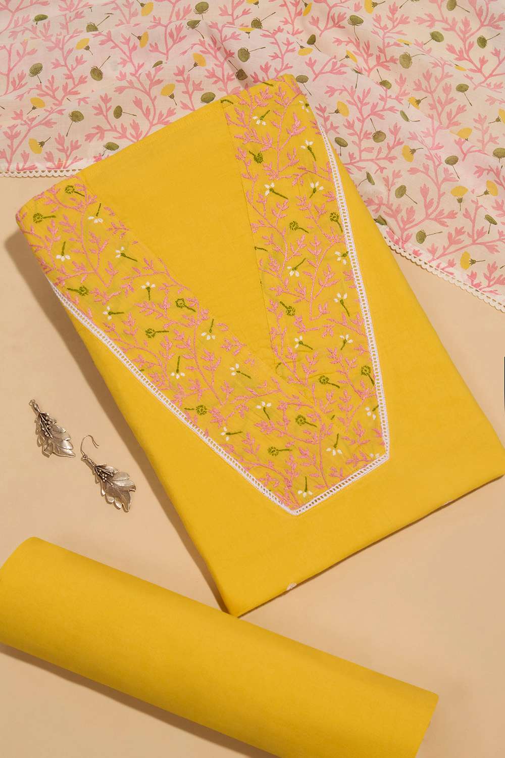 Yellow Pure Cotton Chikankari Unstitched Suit Set image number null