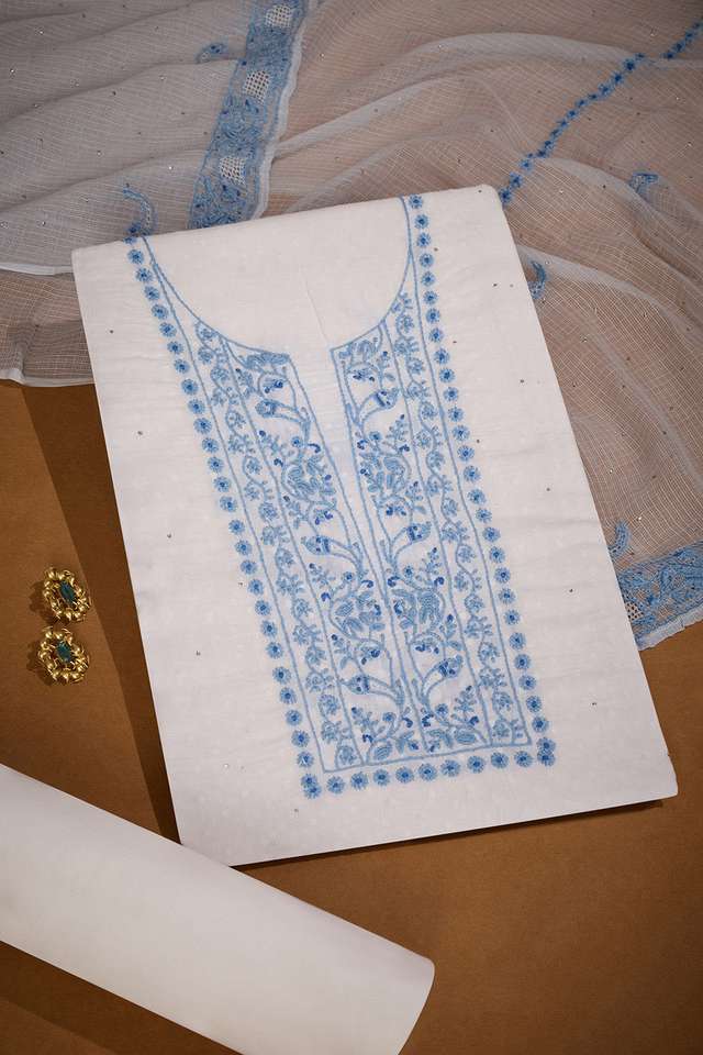 White Pure Cotton Chikankari Unstitched Suit Set image number