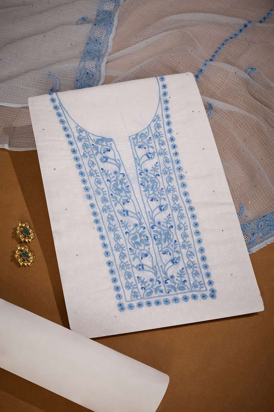 White Pure Cotton Chikankari Unstitched Suit Set