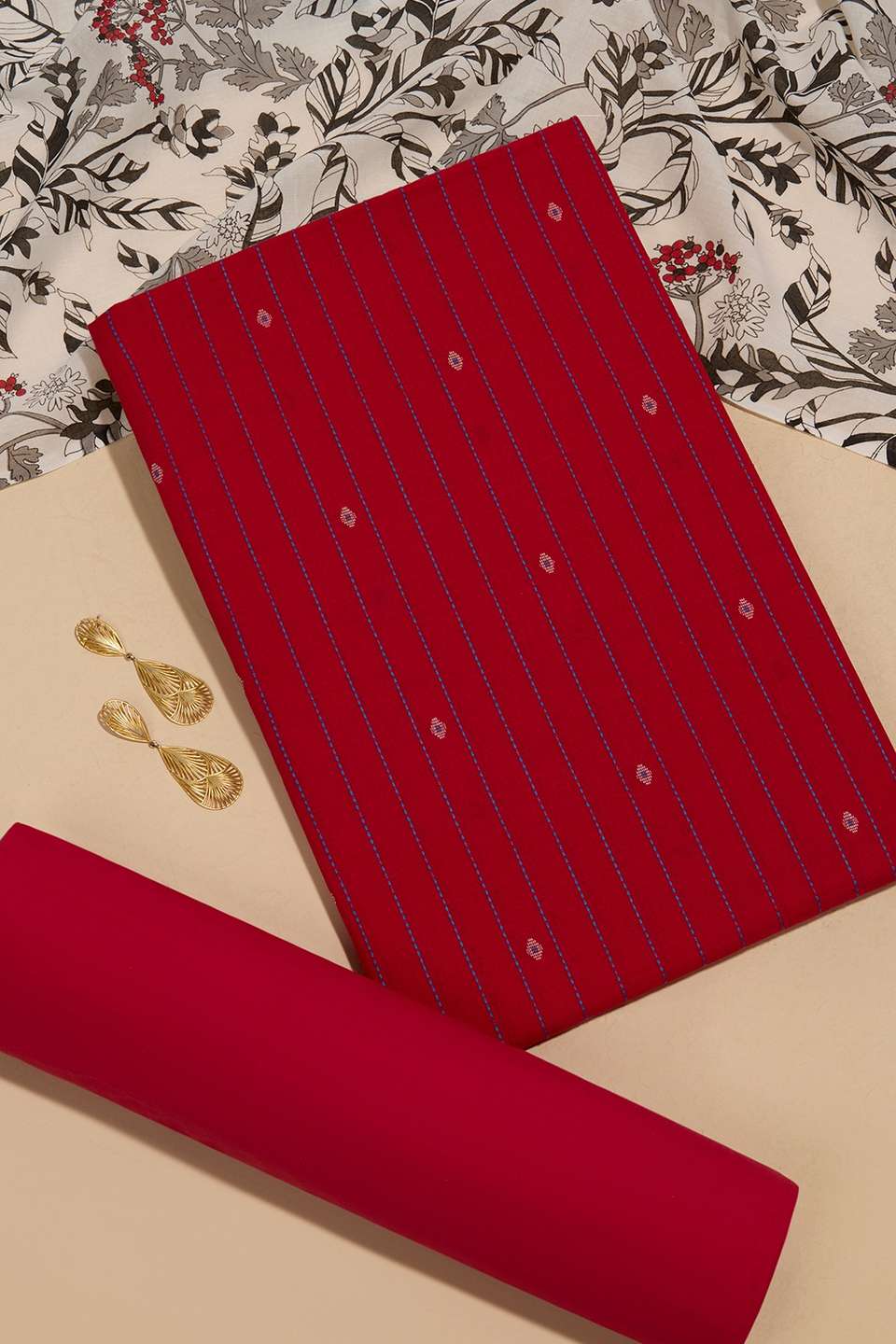 Red Woven Pure Cotton Unstitched Suit Set