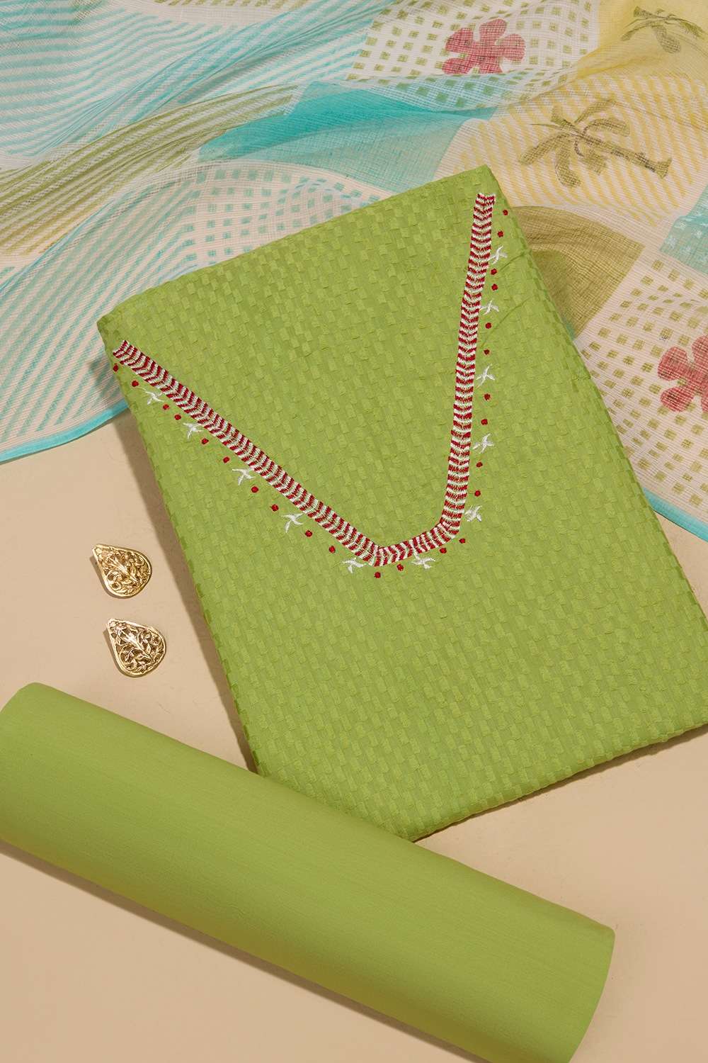 Light Green Pure Cotton Embroidered Unstitched Suit Set image number null