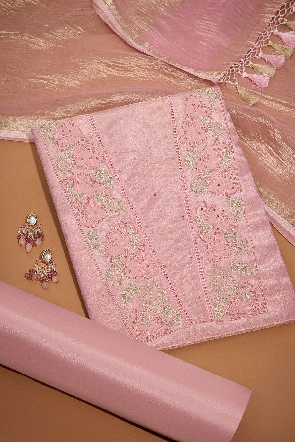 Pink Viscose Tissue Embroidered Unstitched Suit Set