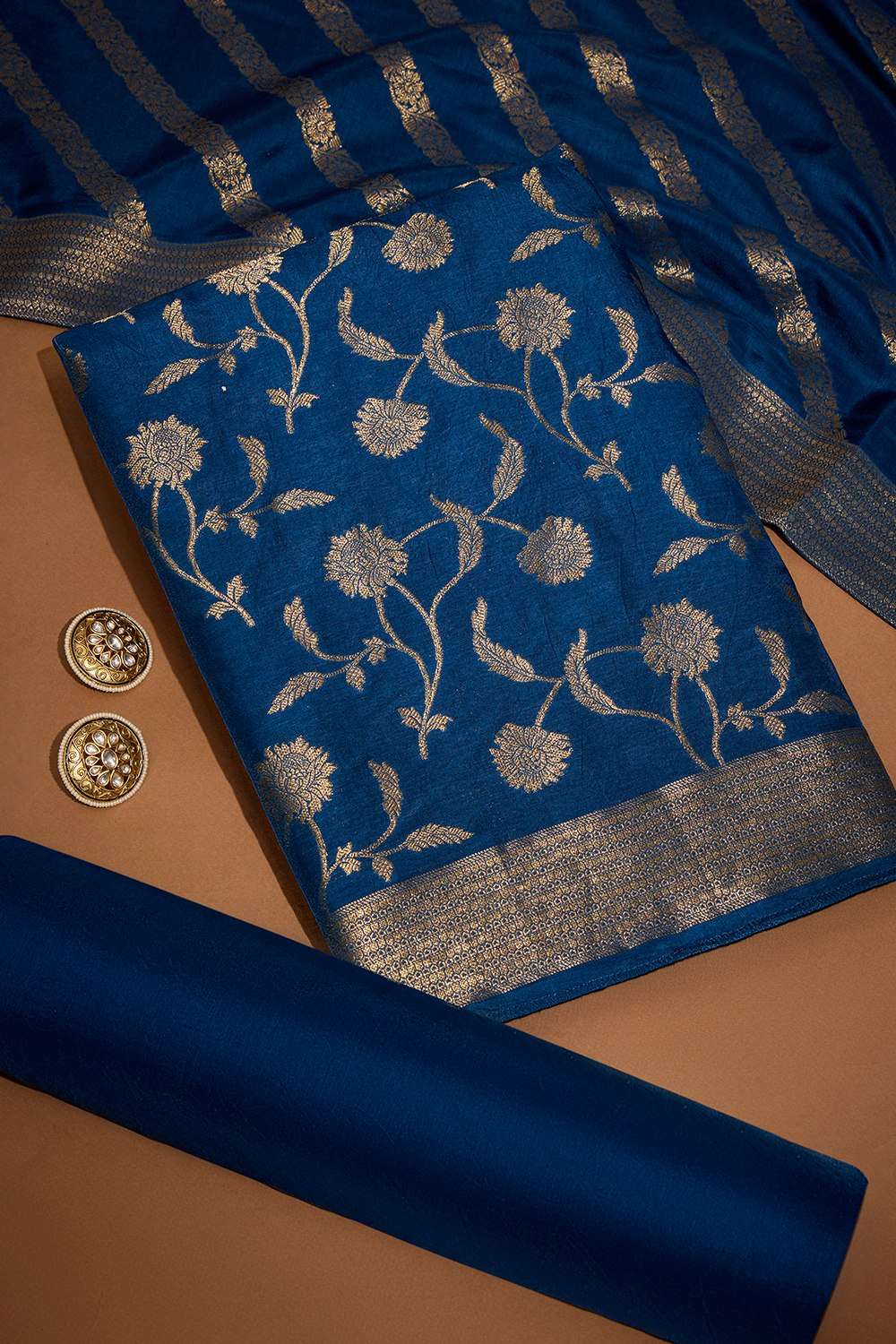 Dark Blue Viscose Cutwork Unstitched Suit Set image number null