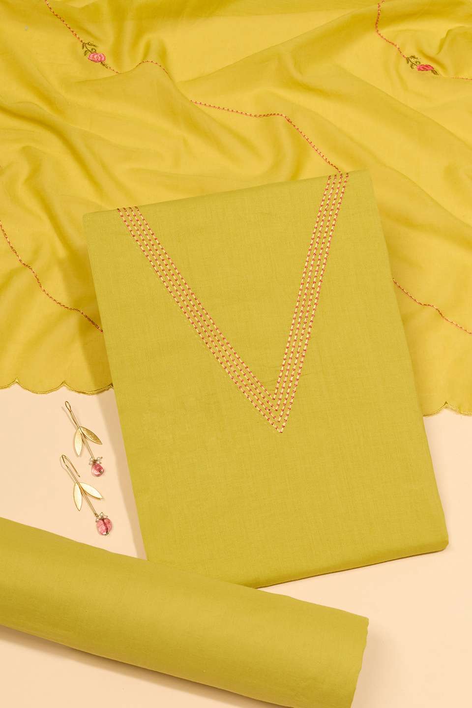 Light Green Pure Cotton Embroidered Unstitched Suit Set
