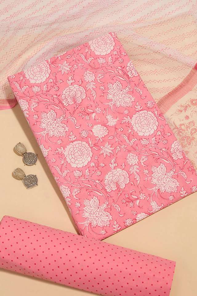 Light Pink Pure Cotton Printed Sanganeri Unstitched Suit Set image number