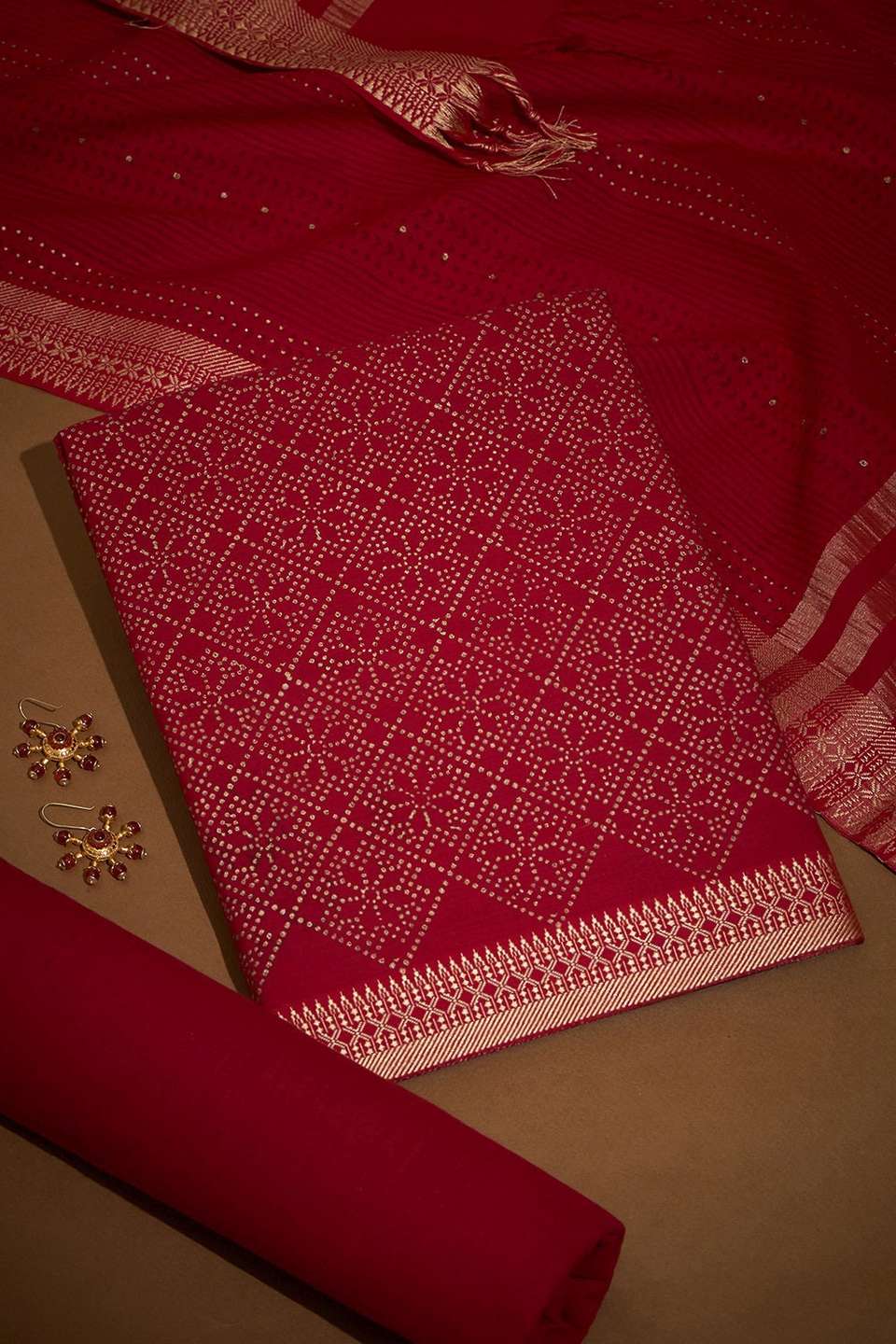 Red Block Printed Pure Cotton Unstitched Suit Set