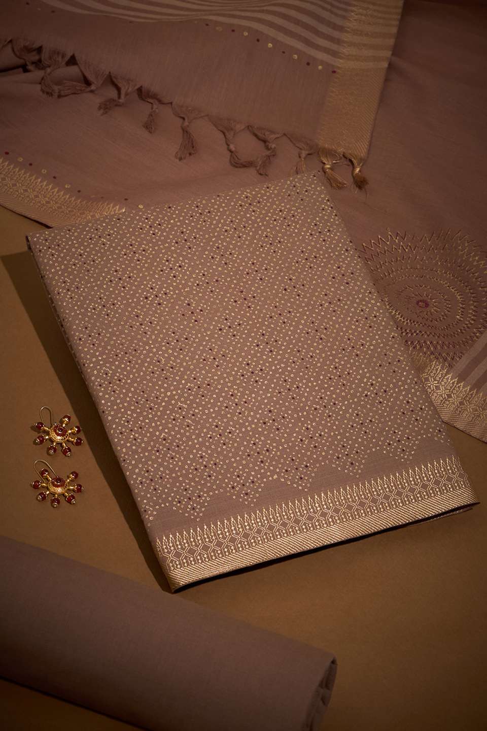Beige Block Printed Pure Cotton Unstitched Suit Set